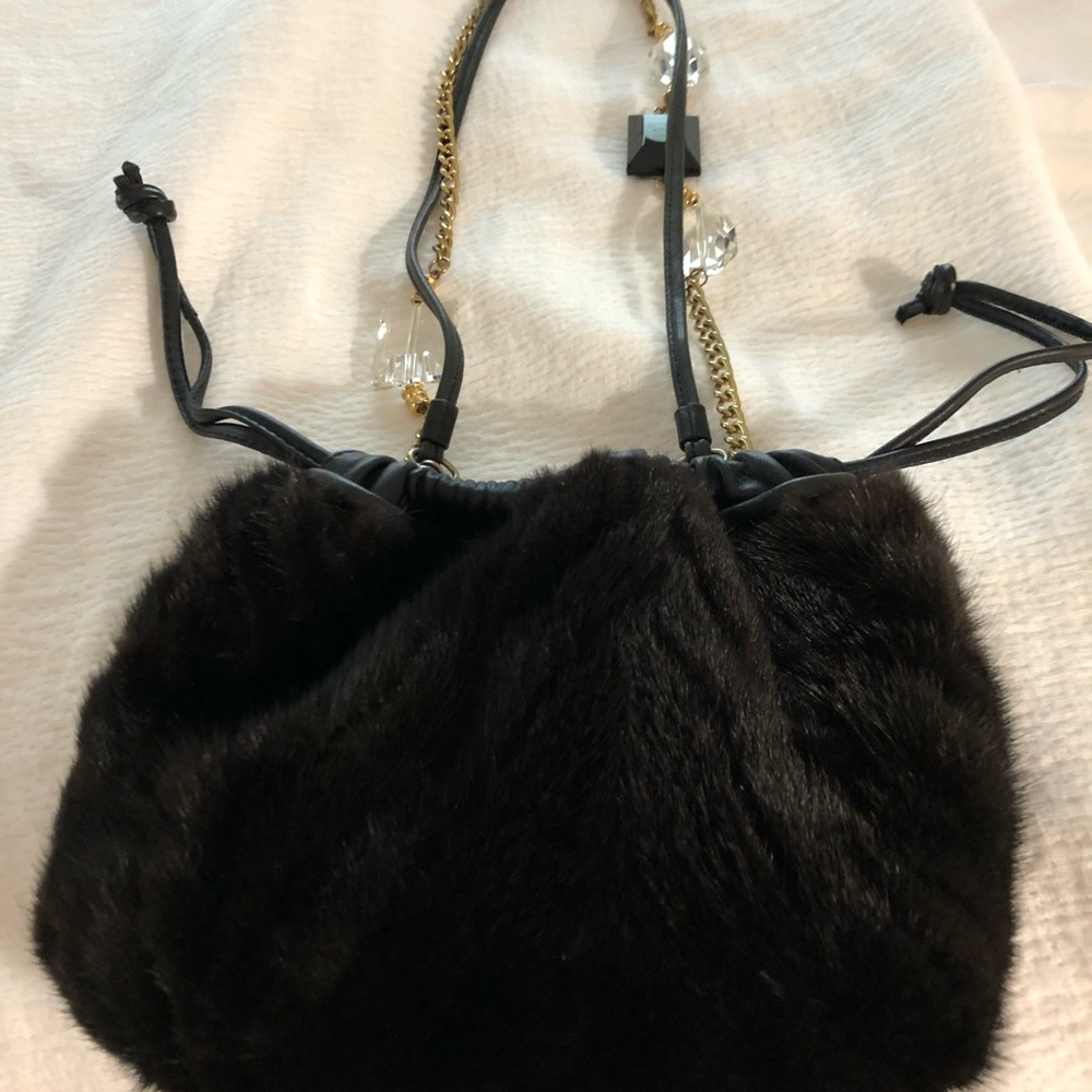 Mink clutch/shoulder bag,black leather trim.